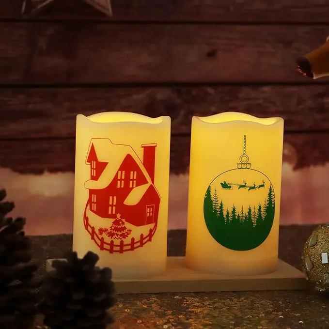Outdoor Battery Operated Flameless Pillar Candles Auto Daily Timer Waterproof Realistic Flickering Electric LED Lights Snow House Christmas Ball Tree Decals Xmas Decorations 3”X5” 2 Pack by GreenHaven Gardens