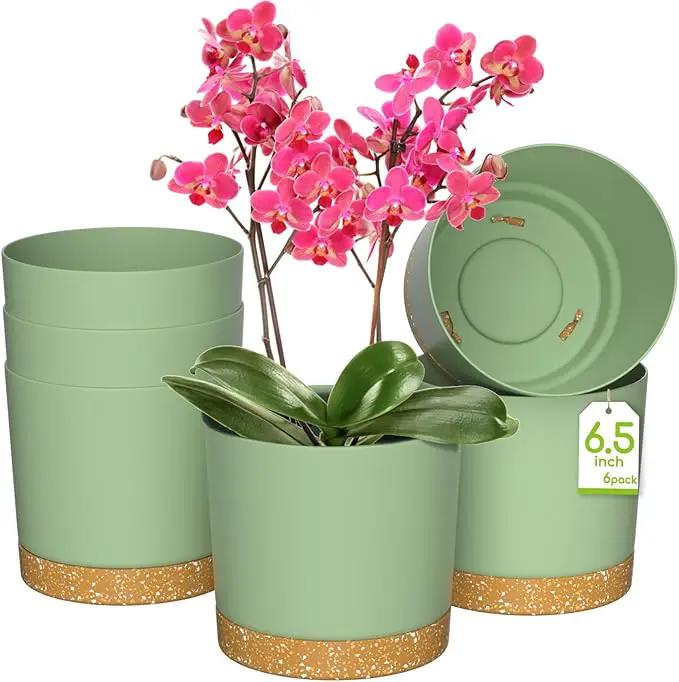ZMTECH Plant Pots, Set of 6 6.5'' Self Watering Plastic Planter with Drainage Hole and Saucer,Modern Decorative Flower Pot for Indoor Outdoor House Plants, Succulents, Flowers - Green by GreenHaven Gardens
