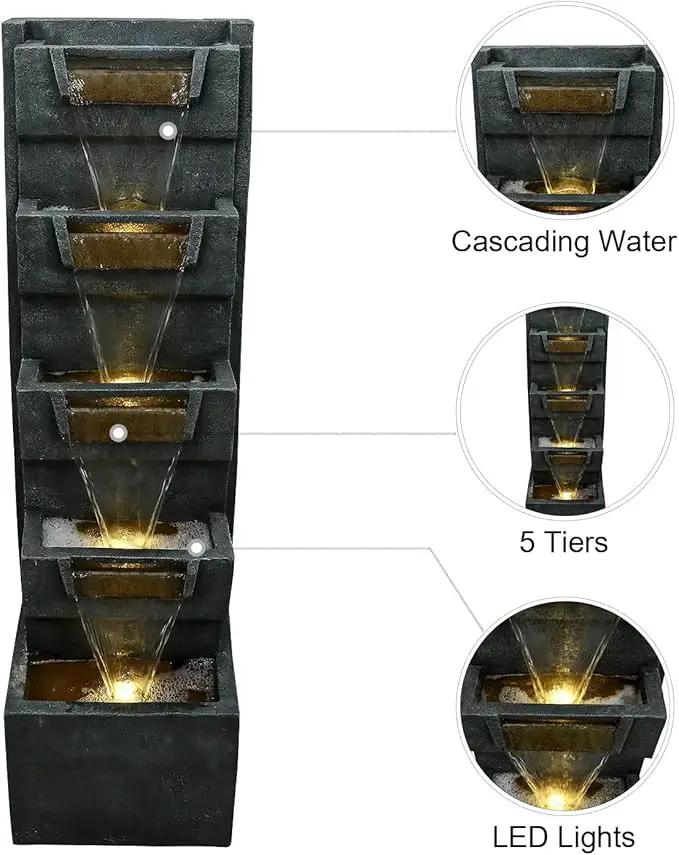 SunJet 4-Tiers Modern Cascading Indoor/Outdoor Fountains and Waterfalls with LED Lights - 39.3" High Large Water Fountain for Garden, Patio, Yard, and Deck Decor - Relaxing Water Fountain Outdoor by GreenHaven Gardens