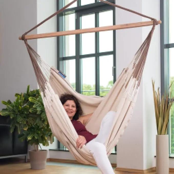 LA SIESTA® - XL King Habana Cotton Hammock Chair & CasaMount - Hanging Chair w/Suspension Kit for Walls Ceilings & Square Beams - Indoor Outdoor Swing Hanging Chair Bedroom Patio Balcony - Nougat by GreenHaven Gardens