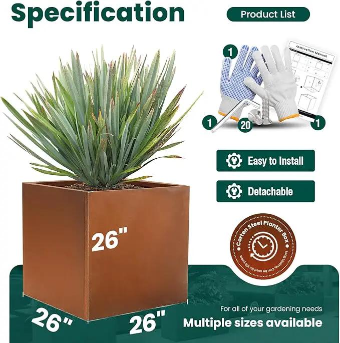 Corten Steel Planter Box Metal Square Planters Steel Large Planter Outdoor Tall Plant Durable Antique Detached for Commercial Residential Patio Deck and Backyard 26 Inch by GreenHaven Gardens