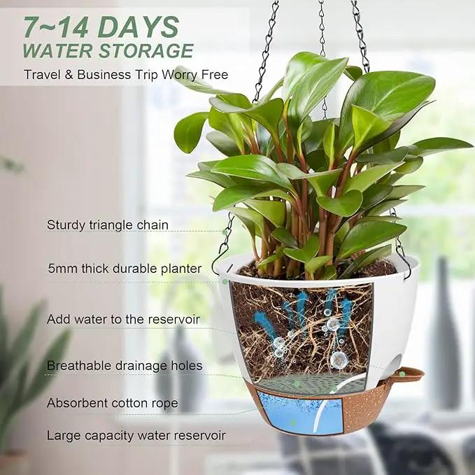 Hanging Planters for Indoor Outdoor Plants, 2 Pack Self Watering Hanging Pot with Drainage Holes & Removable Tray (White, 6'') by GreenHaven Gardens