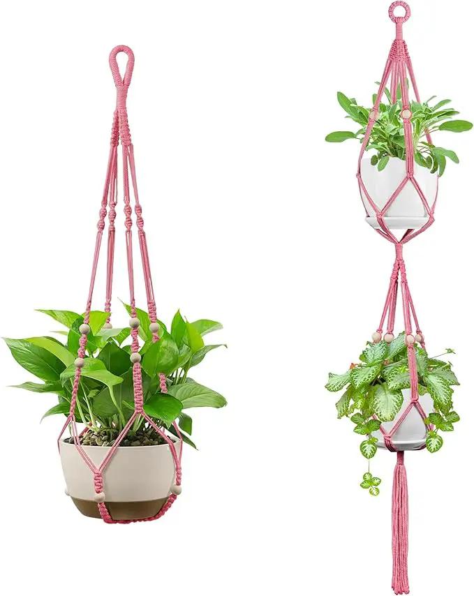 USLAI Macrame Plant Hanger Indoor Outdoor, Up to 4-15 inch Pot, Heavy 20lb Planters, Extra Long Strong Hanging Planter Basket Holder, Boho Home Decor, 35+49 Inch, Yellow (POTS NOT Included) by GreenHaven Gardens