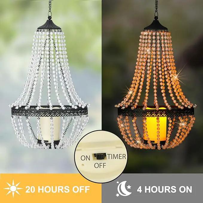 Hanging Candle Lantern, 27” Battery Operated Modern Clear Acrylic Crystal Chandeliers with Flickering Yellow Led Candle Light S Hooks for Garden, Backyard, Gazebo, Room Indoor Outdoor Decor by GreenHaven Gardens