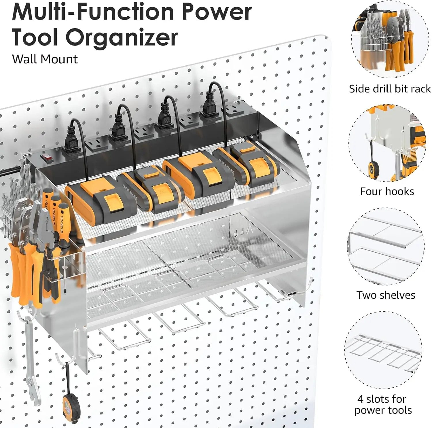 CCCEI Modular Power Tool Organizer Wall Mount with Charging Station. Garage 4 Drill Storage Shelf with Hooks, Drill Bit Heavy Duty Rack, Silver Tool Battery Holder Built in 8 Outlet Power Strip. by GreenHaven Gardens