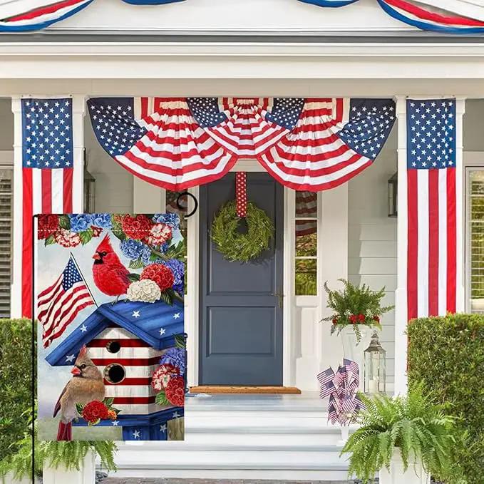 BLKWHT 4th of July Cardinal Bird Garden Flag 12x18 Vertical Double Sided Red Blue Floral Memorial Day Independence Day Holiday Outside Decorations Burlap Yard Flag BW824 by GreenHaven Gardens