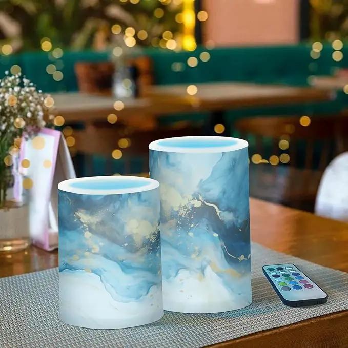 Flickering Flameless Candles, Marble Navy Blue LED Candles with Remote Timer, Set of 2 Battery Operated Candle for Valentine Wedding Birthday by GreenHaven Gardens