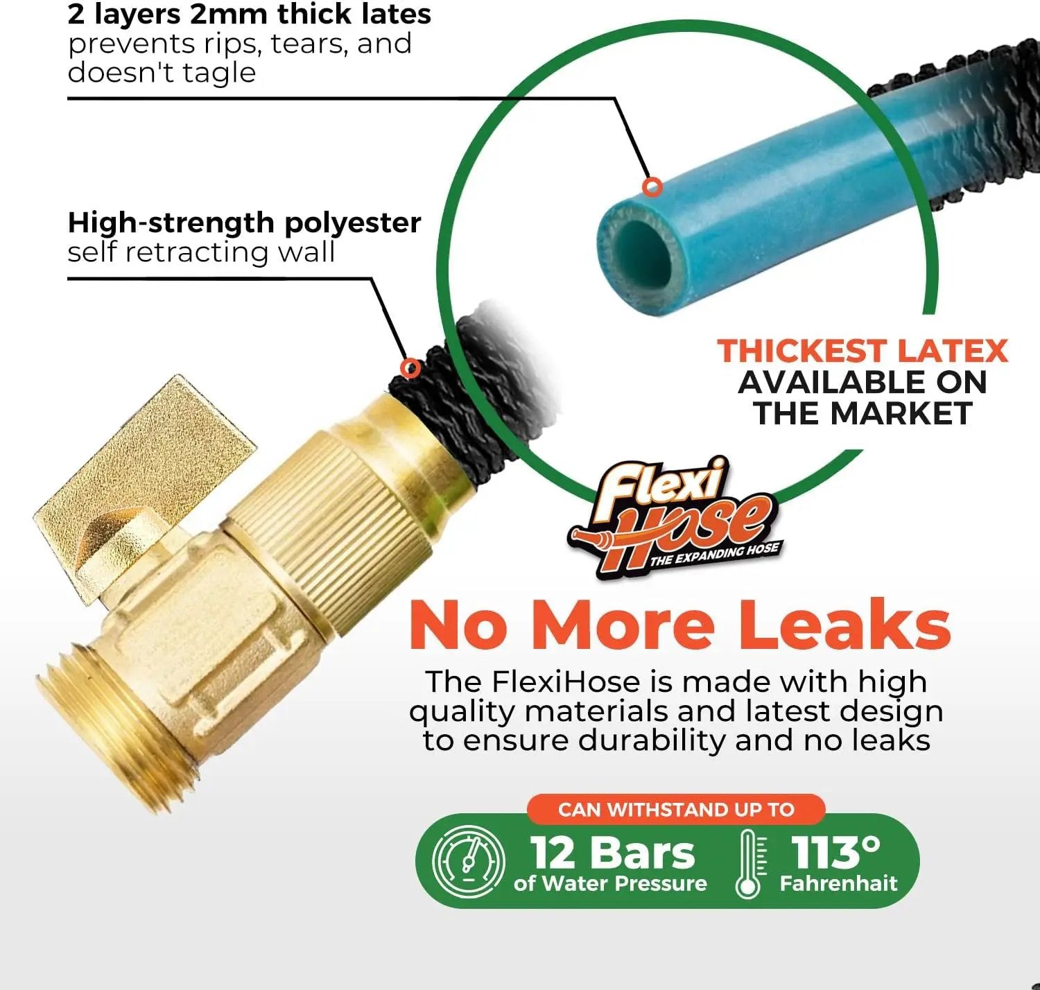 Flexi Hose Lightweight Expandable Garden Hose, No-Kink Flexibility, 3/4 Inch Solid Brass Fittings and Double Latex Core (75 FT, Black) by GreenHaven Gardens