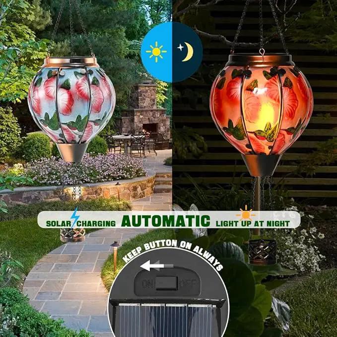 Hot Air Balloon Solar Lantern - Simulated Flickering Flame Hummingbird Glass Lantern, Outdoor Hanging Yard Light Waterproof IP65 & Weather Resistant for Garden Patio Lawn Porch Decor Gfit by GreenHaven Gardens