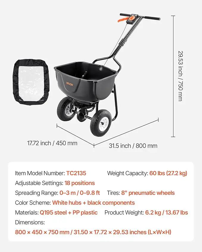VEVOR Broadcast Spreader, 60LBS Capacity, Walk-Behind Push Spreader, 0-9.8 ft Spreading Width, 10 in All Terrain Pneumatic Tires, Lawn Spreaders with Hopper Grate, for Seed, Fertilizer, Salt, Ice Melt by GreenHaven Gardens