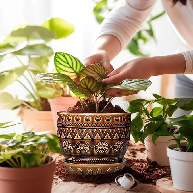 G EPGardening Ceramic Pot for Plants 5.5 Inch - Ceramic Plant Pot with Drainage Hole and Saucer, Boho Round Planter for Indoor Outdoor Plants, Plant Lover Gifts, Office Garden House Decor, Brown by GreenHaven Gardens