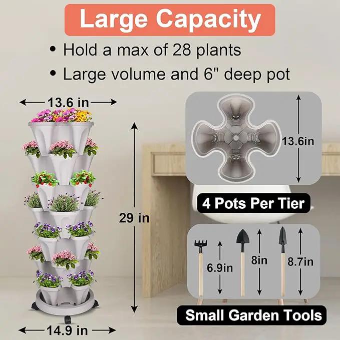 Vertical Planter 7 Tier Stackable Planters Garden Planters Strawberry Herb Flower and Vegetable Planter Indoor Outdoor Gardening Pots with Removable Wheels and Tools by GreenHaven Gardens