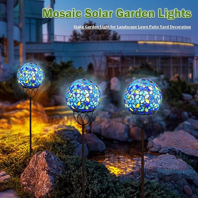 VCUTEKA Solar Outdoor Lights Garden Decor Mosaic Solar Garden Lights Waterproof Glass Ball LED Pathway Stake Light for Landscape Lawn Patio Yard Decoration 6 inch, Blue by GreenHaven Gardens