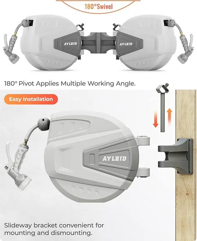 Ayleid Retractable Garden Hose Reel,1/2 in x 100 ft Wall Mounted Hose Reel, with 9- Function Sprayer Nozzle, Any Length Lock/Slow Return System/Wall Mounted/180°Swivel Bracket (Grey) by GreenHaven Gardens
