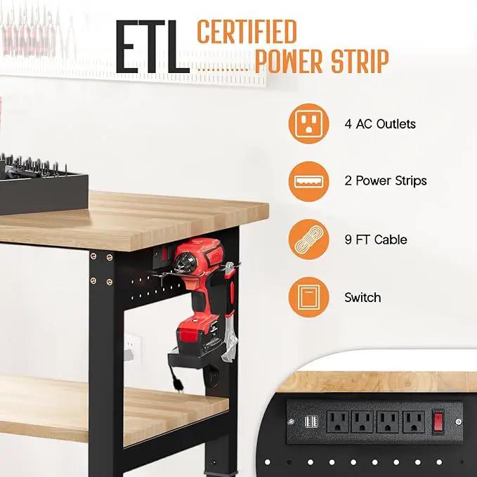 Albott 84" Adjustable 2-Tier Workbench with Solid Wood Top, Max 2000lbs Capacity, Built-in Power Strip with 4 AC Outlets & 2 USB Ports, Pegboard & 20 Hooks, Shop Garage Office by GreenHaven Gardens