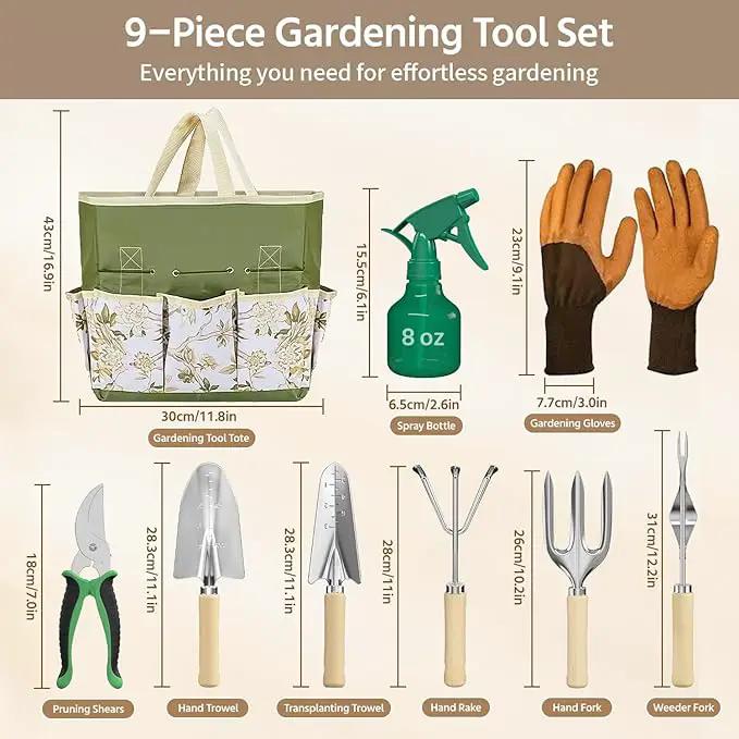 LASZOLA 9 Pcs Garden Tools Set with Tote Bag and Hand Trowel Rake Shovel, Heavy Duty Stainless Steel Gardening Kit for Outdoor Plant, Standable Portable Handbag Organizer, Ideal for Women Mom, Green by GreenHaven Gardens