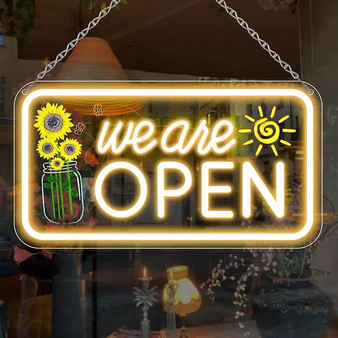 Neon We Are Open Signs for Business, 16.5x9'' Open Sign with Printed Flower and Sun, with ON/OFF Switch & Adapter, Warm White, Ideal for Window, Party, Wall, Bars, Coffee Shops, Salons, Clubs, Hotels by GreenHaven Gardens