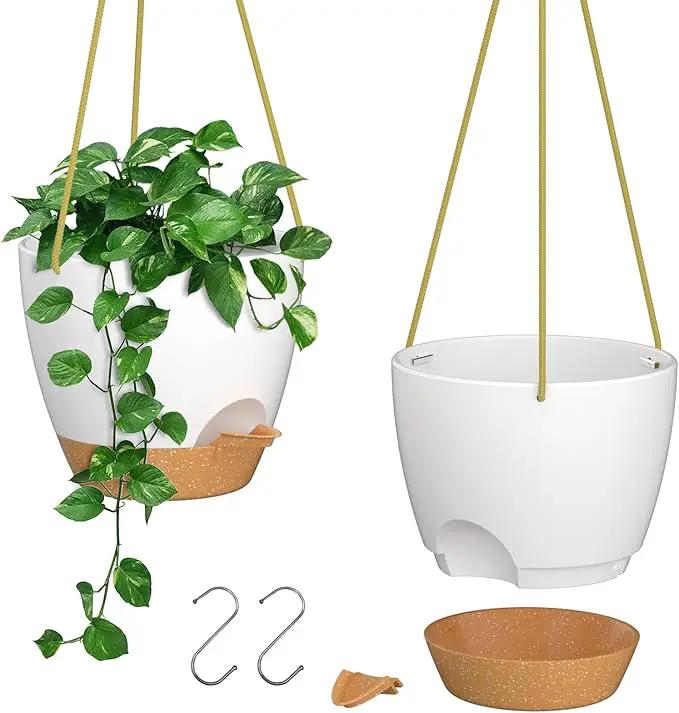 ZMTECH 10 Inch Hanging Planters for Indoor Outdoor Plants, 2 Pack Self Watering Hanging Plant Pots with Drainage Holes and Removable Saucer, Plastic Flower Hanging Pots with Watering Lip (White) by GreenHaven Gardens