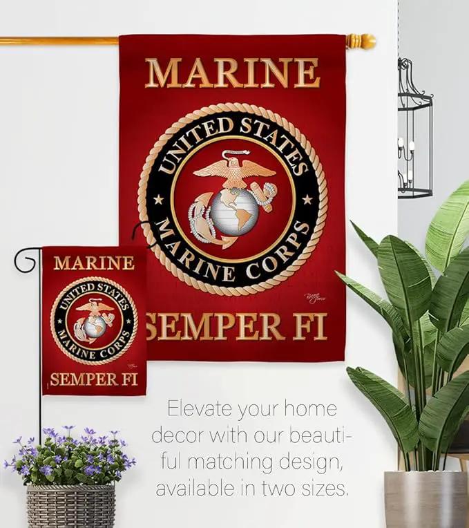 Marine Corps Garden Flag - Set Wall Hanger Armed Forces USMC Semper Fi United State American Military Veteran Retire Official - House Banner Small Yard Gift Double-Sided Made In USA 13 X 18.5 by GreenHaven Gardens