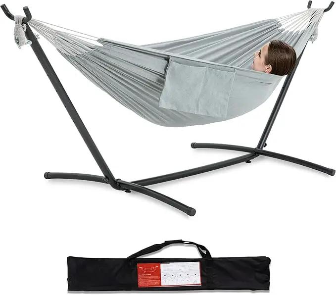 PNAEUT Double Hammocks with Stand for Outside, Portable Space Saving Heavy-Duty Steel Stand for Indoor Outdoor Patio with Carrying Bag, 450 lbs Capacity (Gray) by GreenHaven Gardens