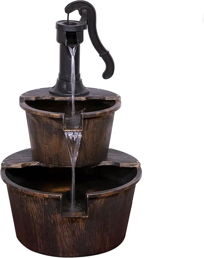 Alpine Corporation - Outdoor Rustic 2-Tiered Barrel and Pump Water Fountain – Bronze Finish, Relaxing Water Flow, Ideal for Garden, Patio, & Yard Décor, 27"H by GreenHaven Gardens