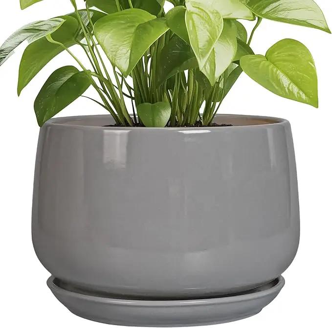 G EPGardening Ceramic Plant Pots - 9 Inch Modern Round Planter with Drainage and Plant Saucer for Indoor Outdoor Flower, Apartment Decor, Birthday Gifts, Grey by GreenHaven Gardens