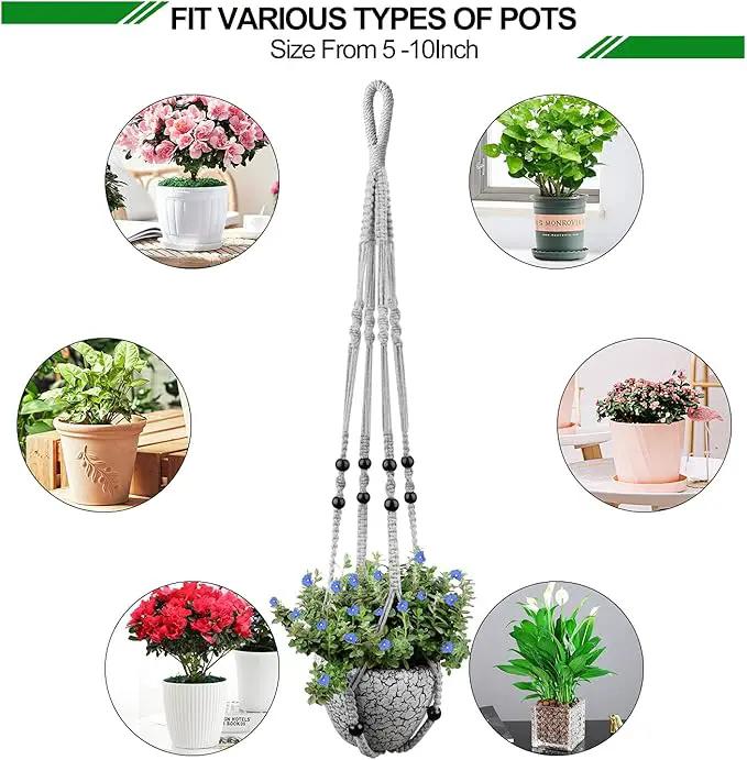 Macrame Plant Hanger for 5 to 10 Inch Plant Pots, Set of 2 Indoor Handmade 35 Inch Woven Rope Hanger Kits with Hooks and Wood Beads, Hanging Planter Basket Holder for Boho Home Decor (Grey, 2 Pack) by GreenHaven Gardens