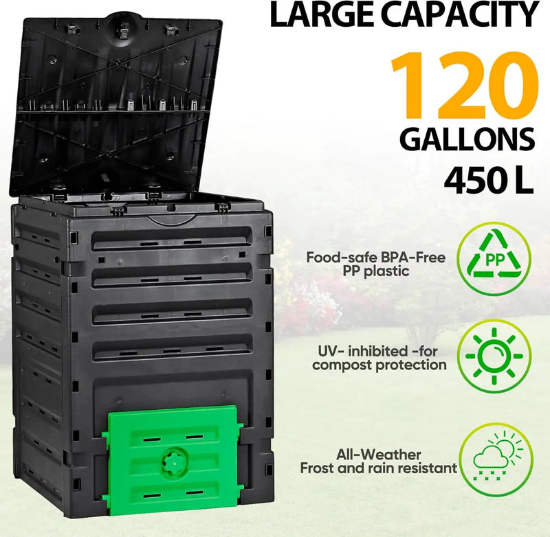 F2C Compost Bin Outdoor Composter BPA Free Material -120 Gallon (450L) Large Compost Bin Aerating Outdoor Compost Box Easy Assembling, Lightweight, Fast Creation of Fertile Soil, Black by GreenHaven Gardens