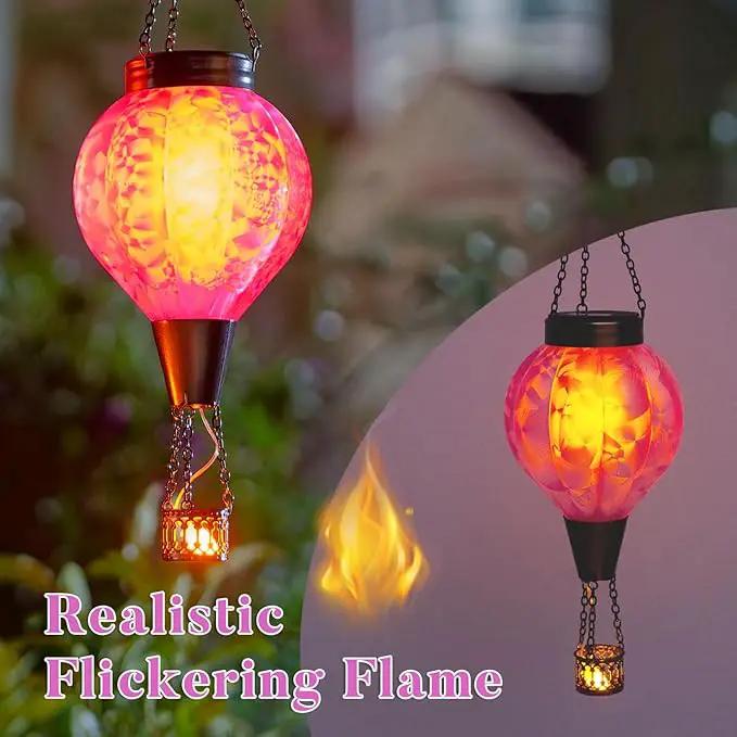 2PC Hot Air Balloon Solar Lantern with Flame, Pink Glass Balloon Lantern Lights Outdoor Waterproof, Hanging Solar Lights for Outside Garden Yard Patio Tree Porch Gift for Women Lovers Mom by GreenHaven Gardens