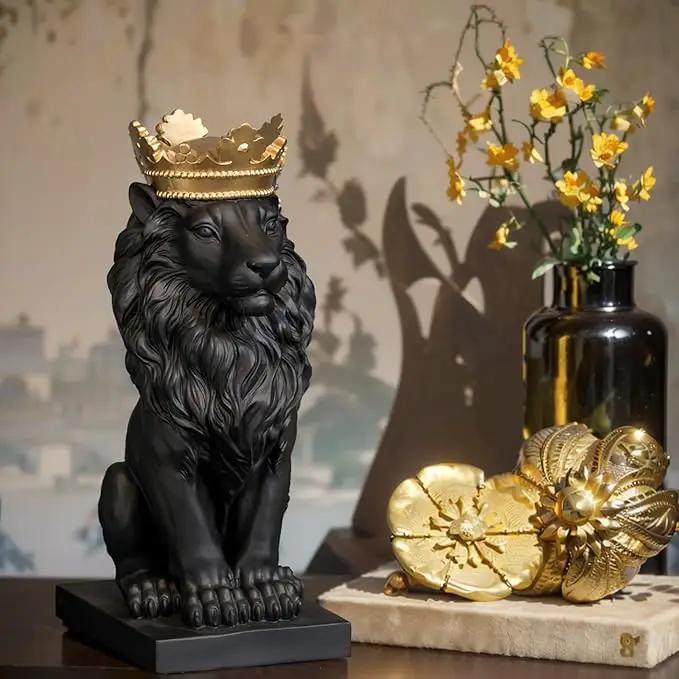 LCdecohome Lion Statue - Outdoor Collectible Figurine, 15 Inch Gold Crown Black Standing Lion Home Decor for Desk & Home Black Decor Gift by GreenHaven Gardens