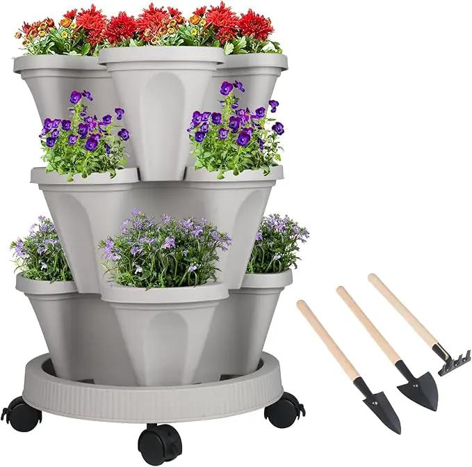Vertical Planter 3 Tier Stackable Planters Garden Planters Strawberry Herb Flower and Vegetable Planter Indoor Outdoor Gardening Pots with Removable Wheels and Tools by GreenHaven Gardens