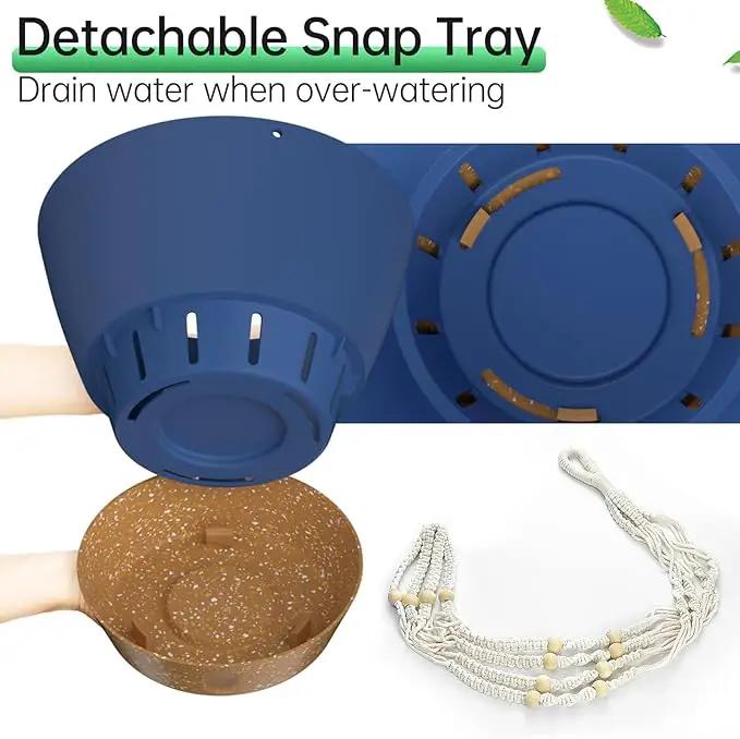 ZMTECH 2 Pack 8 Inch Blue Hanging Planters with Macrame Plant Hanger for Indoor and Outdoor Plants, Self Watering, Drainage Hole, Visible Level Tray by GreenHaven Gardens