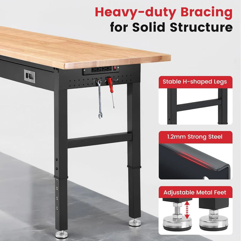 Work Bench for Garage with Drawers 60 x 22 Inch Heavy Duty Rubberwood Tabletop Work Table with Pegboard, Power Outlets Adjustable Workbench for Woodworking Shop, Home, Office, Electronic by GreenHaven Gardens