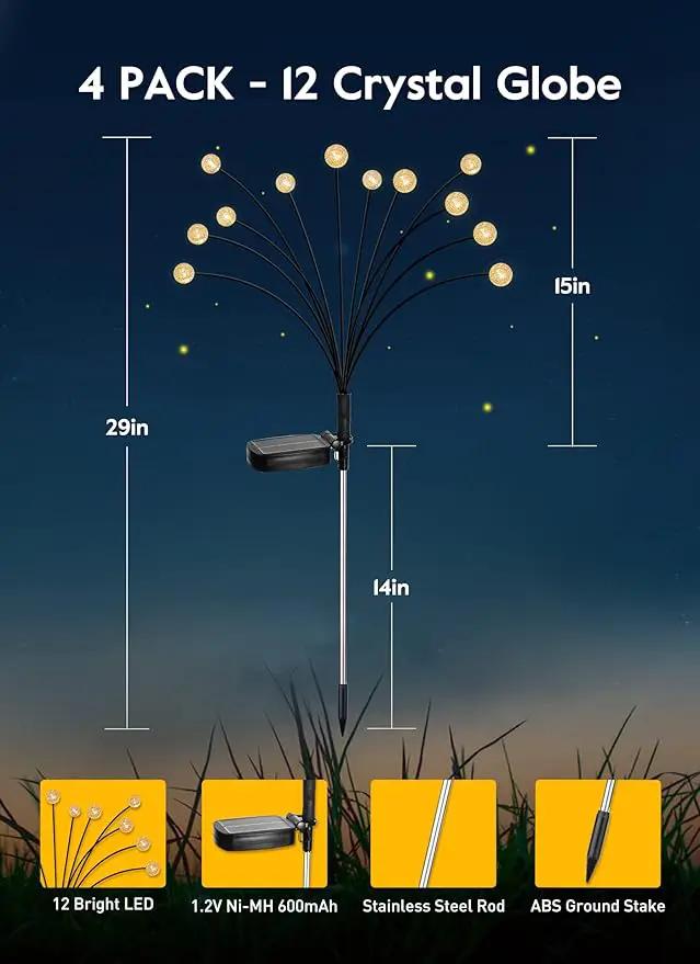 Solar Garden Lights - 4 Pack 12 LED Crystal Solar Firefly Lights with 2 Lighting Mode, Sway by Wind, Waterproof Solar Decorative Lights, Solar Outdoor Lights for Yard Walkway Decoration, Warm White by GreenHaven Gardens