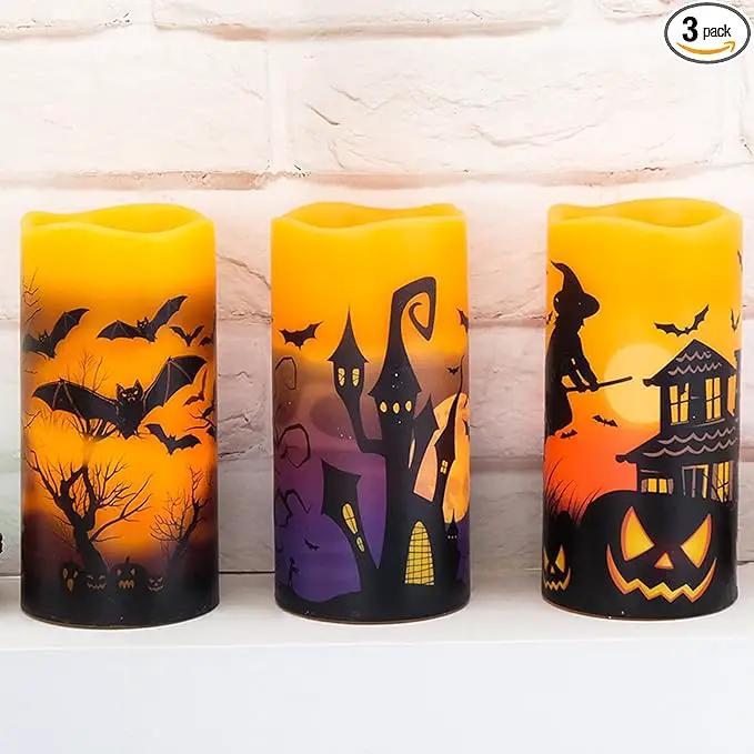 Halloween Real Wax LED Flameless Flickering Candles with 6H Timer, 3 Pcs Pillar Battery Operated Candle Sticks with Halloween Decal for Home Decor(3”x6”) by GreenHaven Gardens
