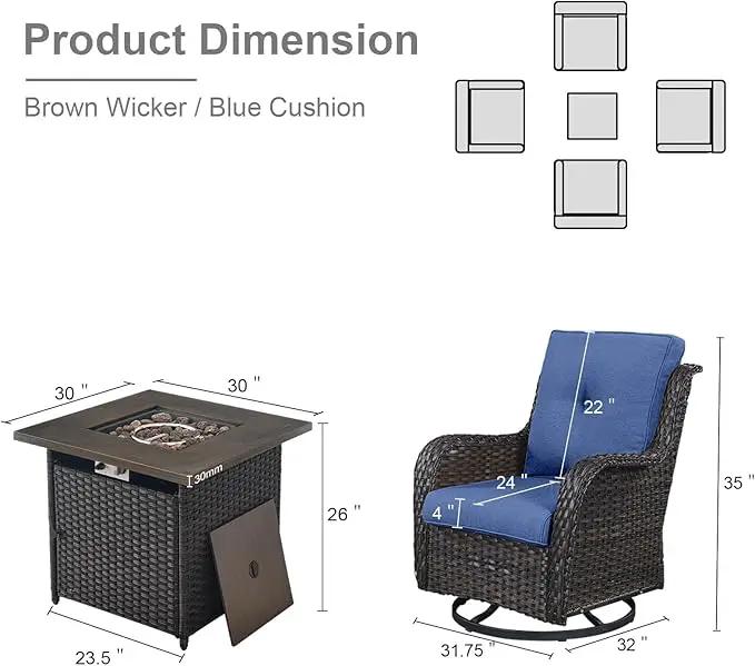 5 Pieces Patio Wicker Furniture Set - 4 Outdoor Swivel Rocker Glider Chairs with Propane Fire Pit Table, Warm Patio Conversation Set Blue Cushion Perfect for Casual Gathering by GreenHaven Gardens