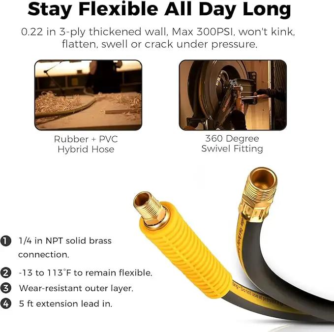 Double Arm Retractable Air Hose Reel, 3/8 in × 65 ft Hybrid Hose Heavy Duty Steel Professional Air Compressor Hose Reel with 5 ft Lead in Max 300PSI Auto Rewind Quick Coupler Swivel Fitting by GreenHaven Gardens