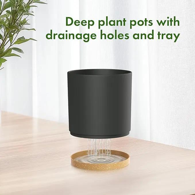 8/7/6 inch Flower Pots, 3 Pack Cylinder Plant Pots for Outdoor Indoor Plants, Decorative Plastic Planters with Drainage Holes and Saucers for Garden House Plants, Black with Brown by GreenHaven Gardens