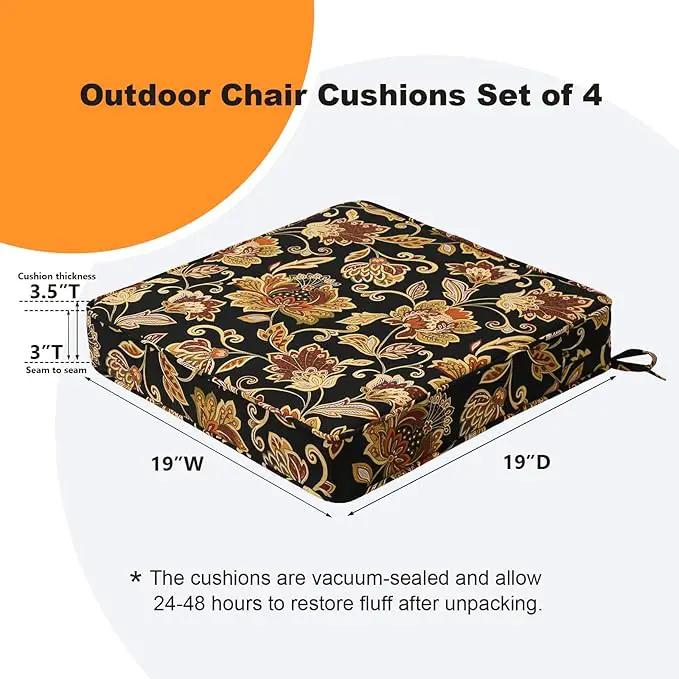 Square Corner Seat Cushions, 19" x 19" x 3", Set of 4, Indoor Outdoor Water Repellent Universal Chair Pads with Ties for Patio Furniture, Garden Deck Dining Chairs, Red Yellow Vine Flower by GreenHaven Gardens
