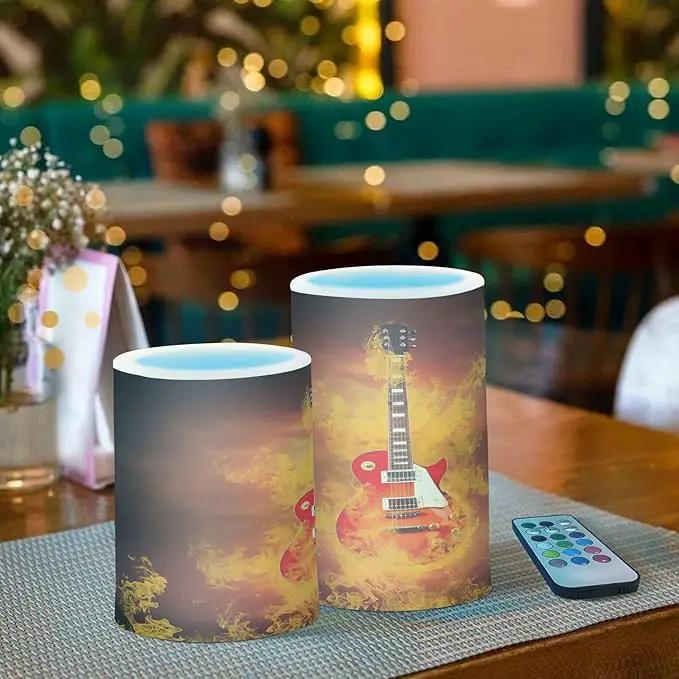 Flickering Flameless Candles, Rock Guitar in Fire Flames LED Candles with Remote Timer, Set of 2 Battery Operated Candle for Valentine Wedding Birthday by GreenHaven Gardens