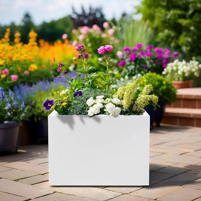 Metal Planter Box Rectangular Block-No Installation Required Galvanized Steel Long Box Planter Modern Outdoor Planters All-Weather Use with Drainage Holes for Patio/Porch,16 ×12×12IN（White） by GreenHaven Gardens