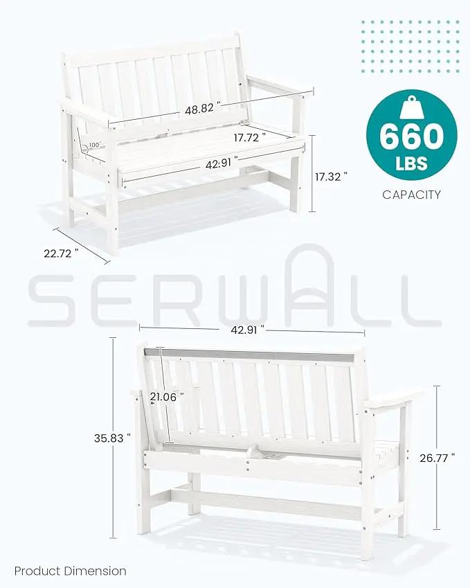 SERWALL Outdoor Bench, HDPE Outdoor Benches Weatherproof, 2-Person Garden Bench with 660 lbs Weight Capacity, Patio Benches for Outdoors, Garden, Porch, Backyard and Park, White, 2 Pack by GreenHaven Gardens