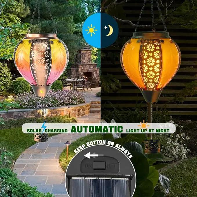 Hot Air Balloon Solar Lantern - Stained Glass Lantern with Simulated Flickering Flame, Outdoor Hanging Yard Light Waterproof IP65 & Weather Resistant for Garden Patio Lawn Porch Decor Gfit by GreenHaven Gardens
