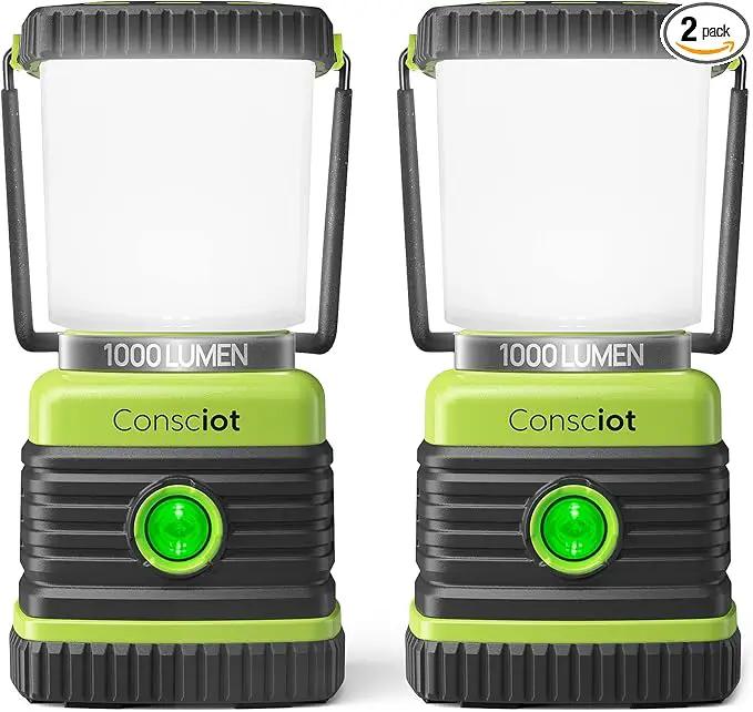 LED Camping Lantern, Consciot Battery Powered Camping Lights, 1000LM, 4 Light Modes, IPX4 Waterproof Tent Lights, Portable Flashlight for Power Outages, Emergency, Hurricane, Hiking, 2-Pack by GreenHaven Gardens
