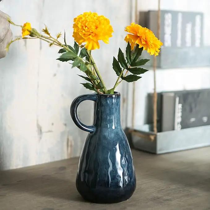 Ceramic Vase Set of 2, Blue Glazed Small Pottery Vases with Handles, Decorative Clay Vase Modern Farmhouse Decor, Centerpiece Dining Table Decorations Porcelain by GreenHaven Gardens