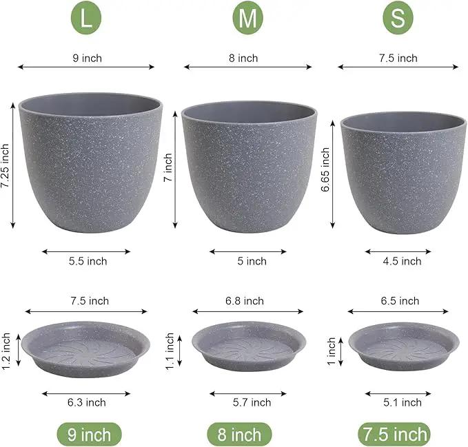 Flower Pots 9/8/7.5inch, Set of 3 Modern Decorative Plastic Planters with Drainage Holes and Saucers for Garden House Plants, Plant Pots for Indoor Outdoor Plants, Speckled Grey by GreenHaven Gardens