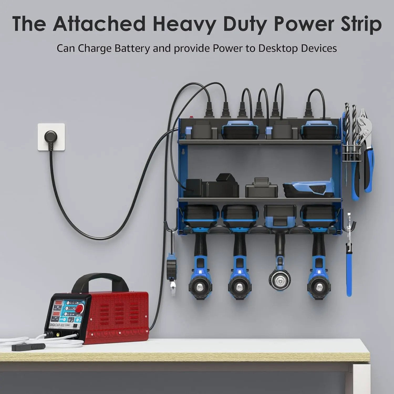 CCCEI Modular Power Tool Organizer Wall Mount with Charging Station. Garage 4 Drill Storage Shelf with Hooks, Screwdriver, Drill Bit Heavy Duty Rack, Tool Battery Holder Built in 8 Outlet Power Strip. by GreenHaven Gardens