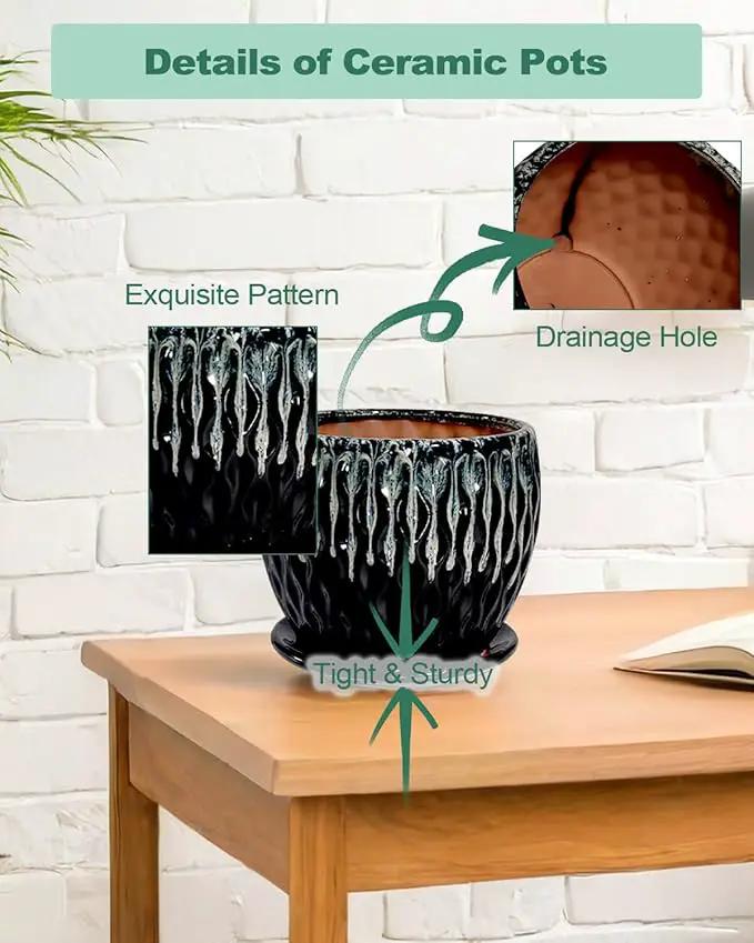 vensovo 7.5 Inch Ceramic Plant Pot with Drainage Holes and Saucer - Large Round Orchid Pot for Indoor Repotting, Ceramic Planter Maintain air Circulation, Black by GreenHaven Gardens
