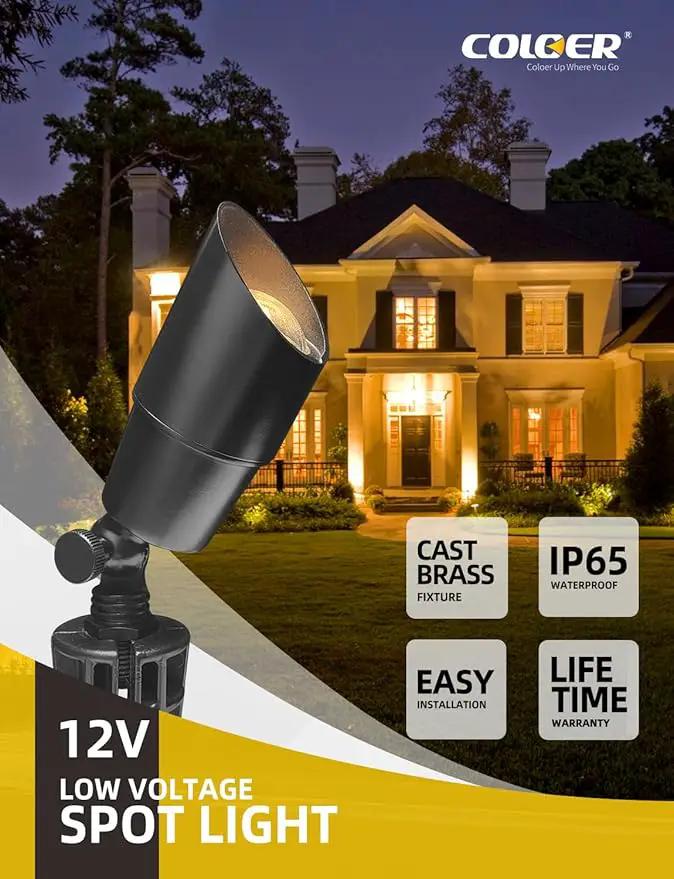 COLOER Brass Low Voltage Landscape Spotlight(Black) 6-Pack with 5W Aluminum Housing MR16 LED Bulb 2700K 450LM CRI85+,12V AC/DC Outdoor Uplighting, Directional Garden Patio Spot Up Light(101B-Black) by GreenHaven Gardens