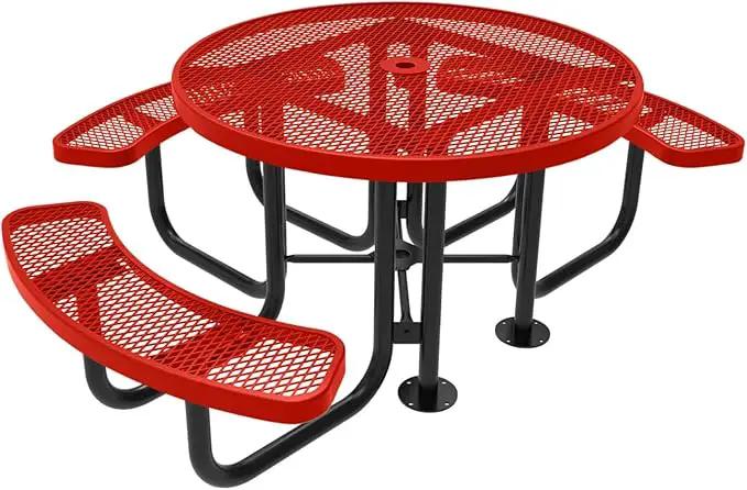 Heavy-Duty Portable Outdoor Picnic Table with Umbrella Hole, Expanded Metal Patio Dining Furniture Made in America (46" Round Top, Red) by GreenHaven Gardens
